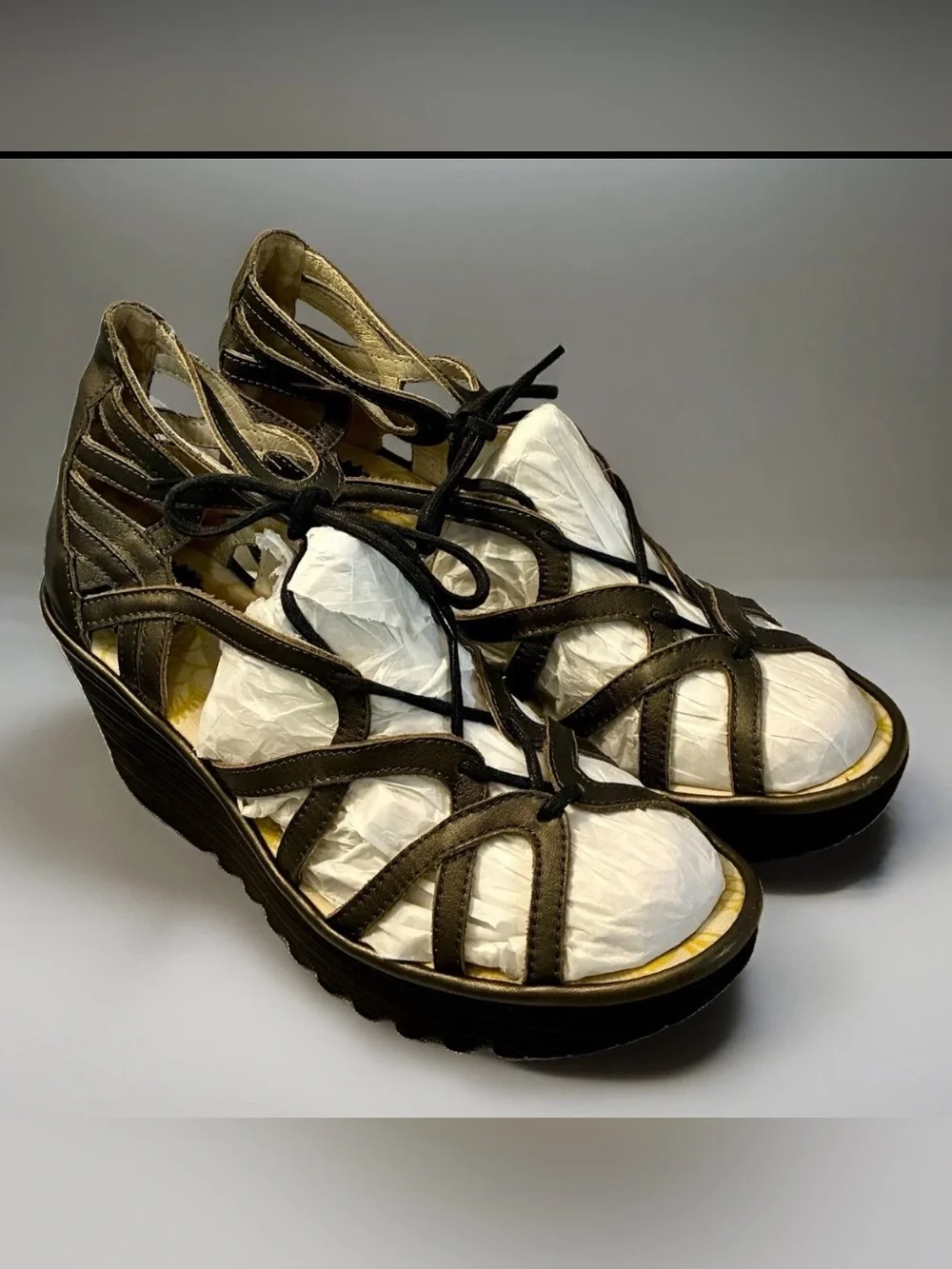 FLY LONDON Size 11.5 / 42 Wedge Strappy Sandals Pewter Metallic Gray